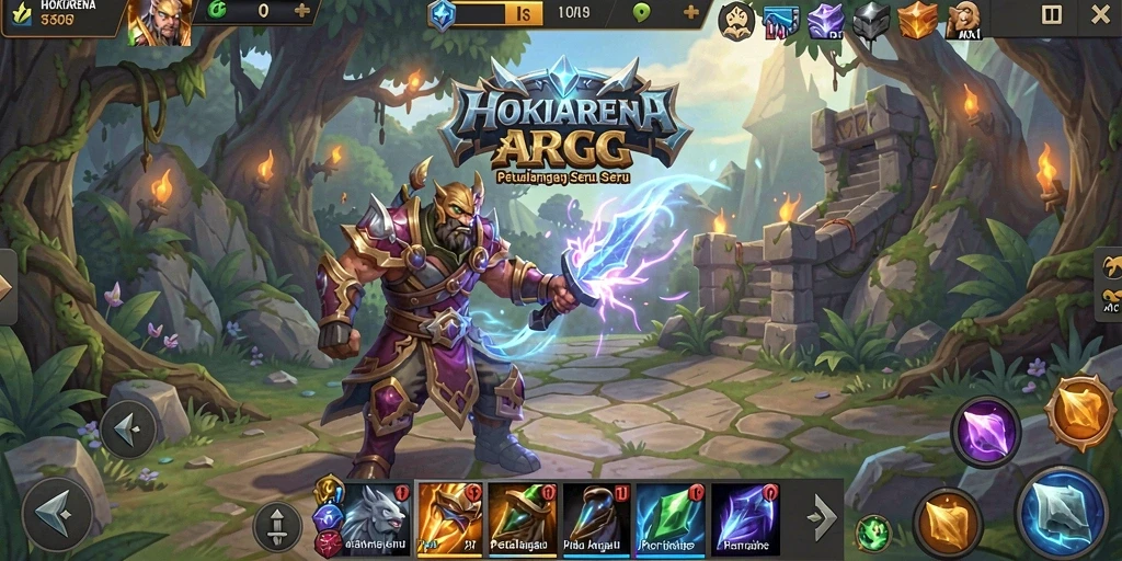 Screenshot gameplay HOKIARENA menampilkan pertempuran mendebarkan melawan monster.