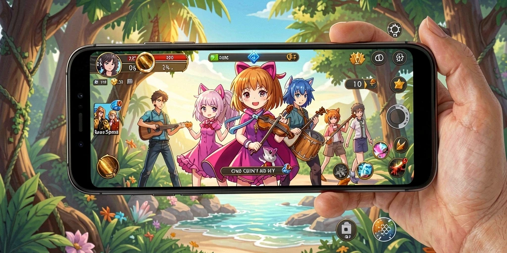 Tampilan gameplay menawan dari ID098 yang penuh warna dan karakter anime.