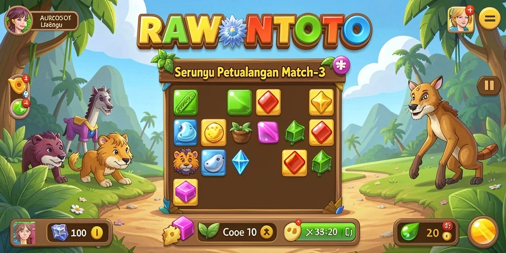 Tampilan seru gameplay RAWONTOTO dengan elemen Match-3 yang berwarna-warni.