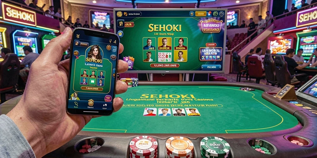 Screenshot gameplay SEHOKI yang menampilkan dealer langsung dan suasana kasino.