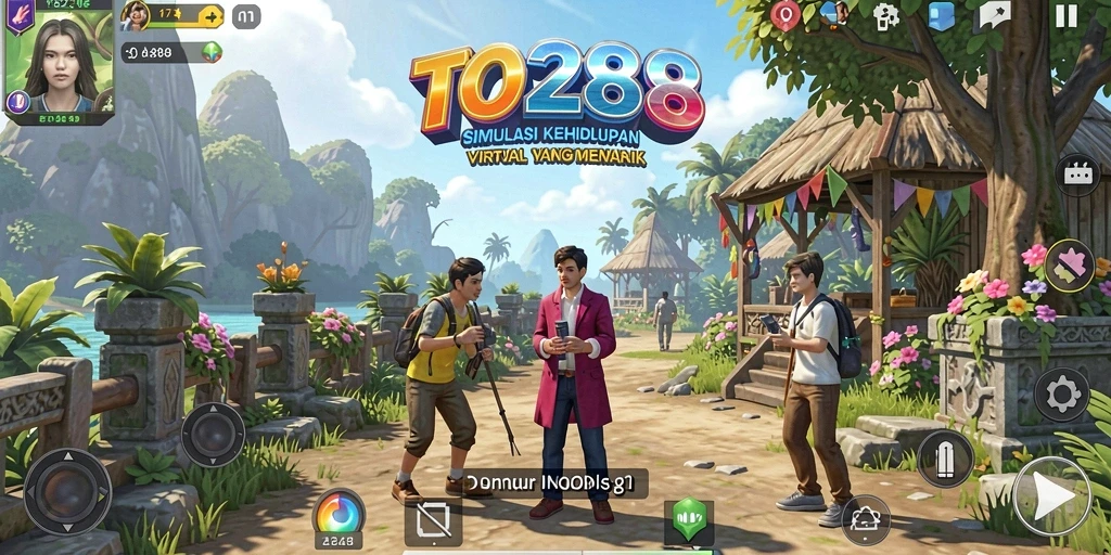 Tampilan gameplay TO288 yang menunjukkan berbagai aktivitas dalam simulasi kehidupan.
